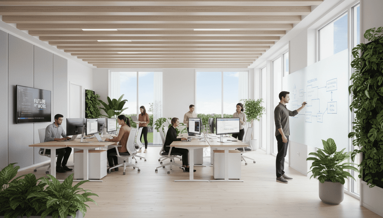Modern tech startup office environment with collaborative workspace and professional team members working with technology
