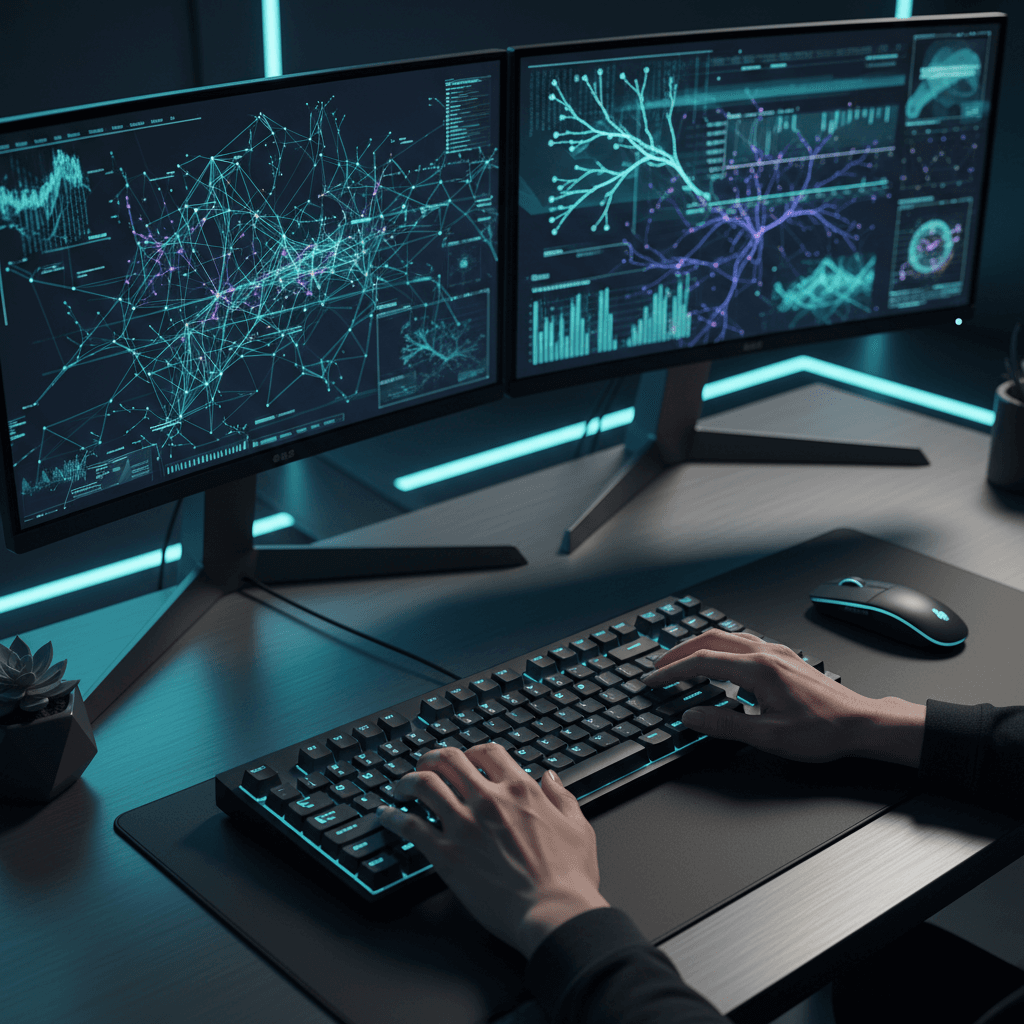 Tech professional working on AI automation system in modern office with electric blue design elements